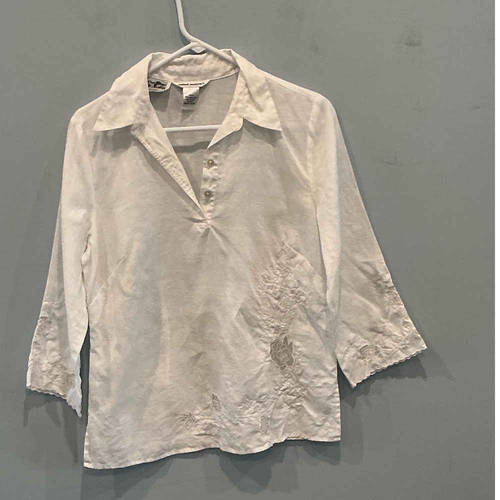 Richard Malcolm Womens Linen Popover Top M White Embroidered Euro Summer Beach